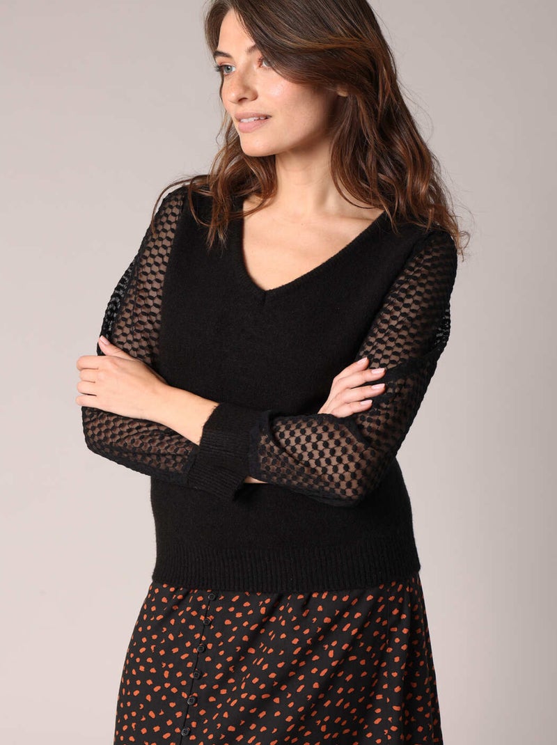 Pull en maille fine et manches en voile texturé 'Deeluxe' Noir - Kiabi