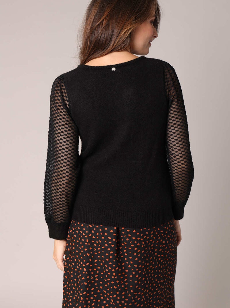 Pull en maille fine et manches en voile texturé 'Deeluxe' Noir - Kiabi