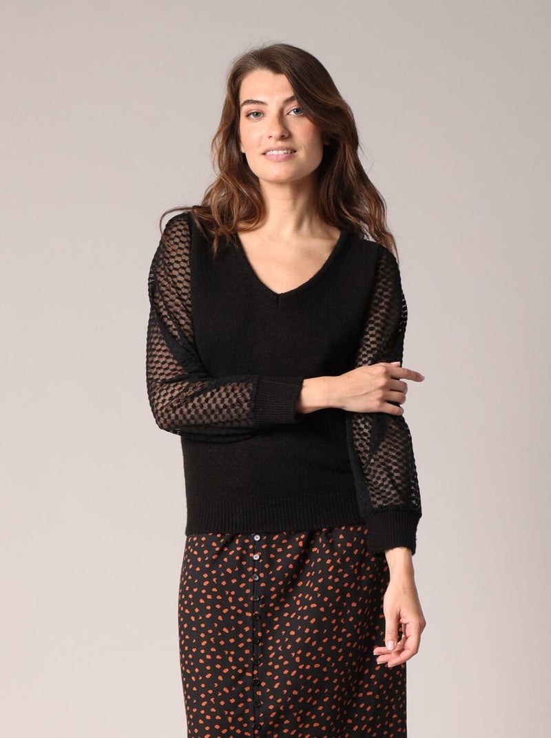 Pull en maille fine & manches en voile texturé 'Deeluxe' Noir - Kiabi