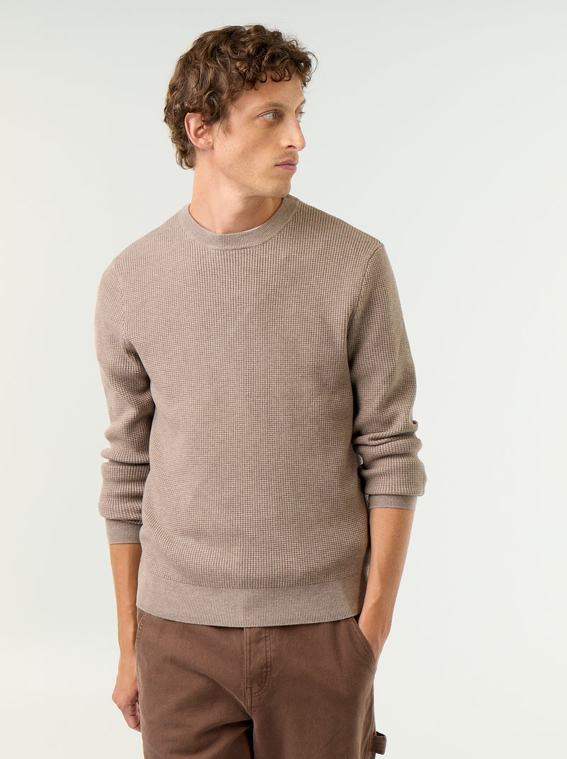 Pull en maille gaufrée à col rond Beige - Kiabi