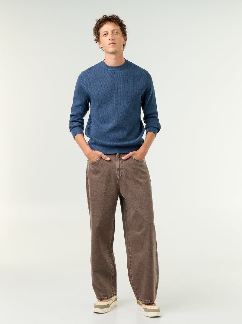 Pull en maille gaufrée à col rond Bleu - Kiabi