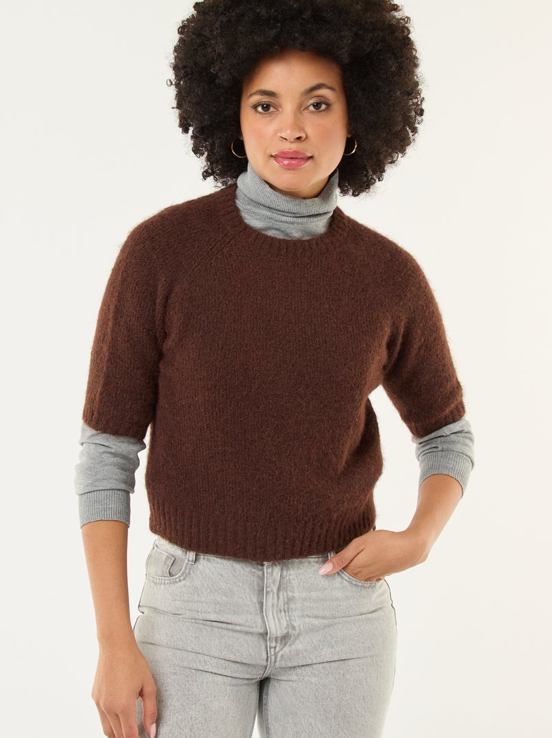 Pull en maille grosse jauge à manches courtes Marron - Kiabi