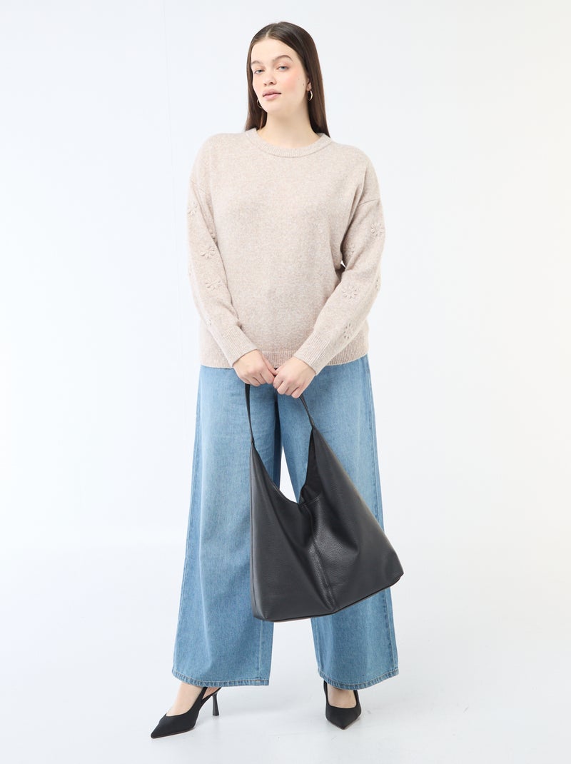 Pull en maille grosse jauge à manches longues avec broderies fleurs Marron - Kiabi