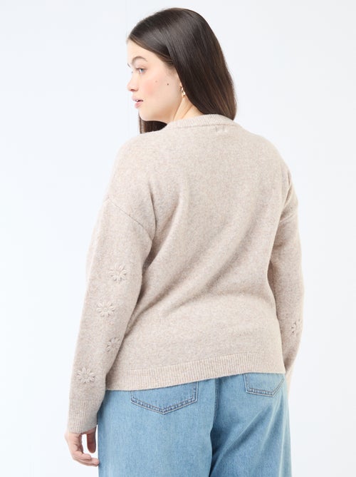 Pull en maille grosse jauge à manches longues avec broderies fleurs - Kiabi