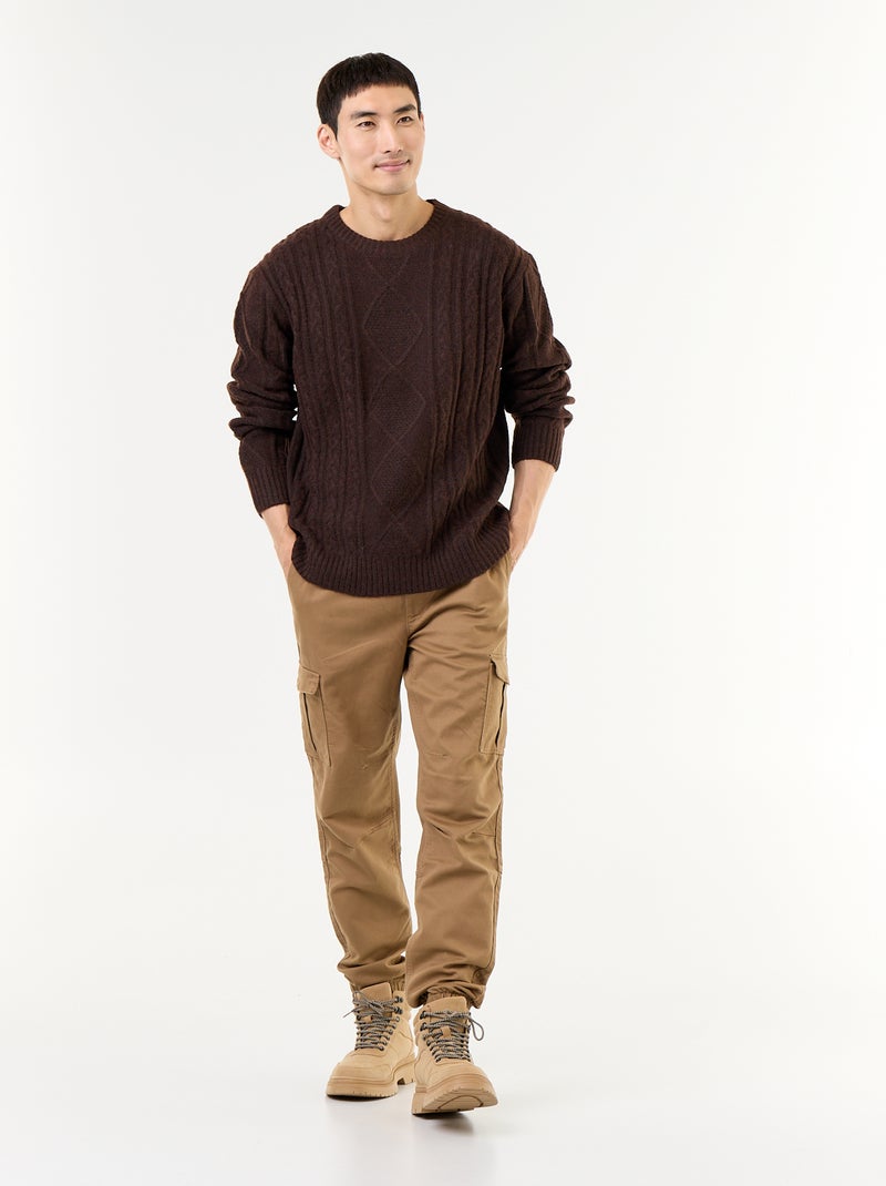 Pull en maille grosse jauge avec torsades Marron - Kiabi