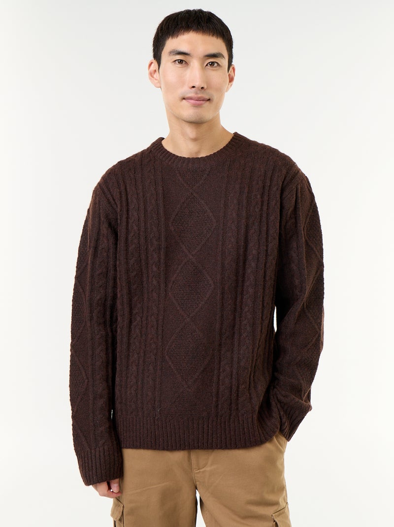 Pull en maille grosse jauge avec torsades Marron - Kiabi