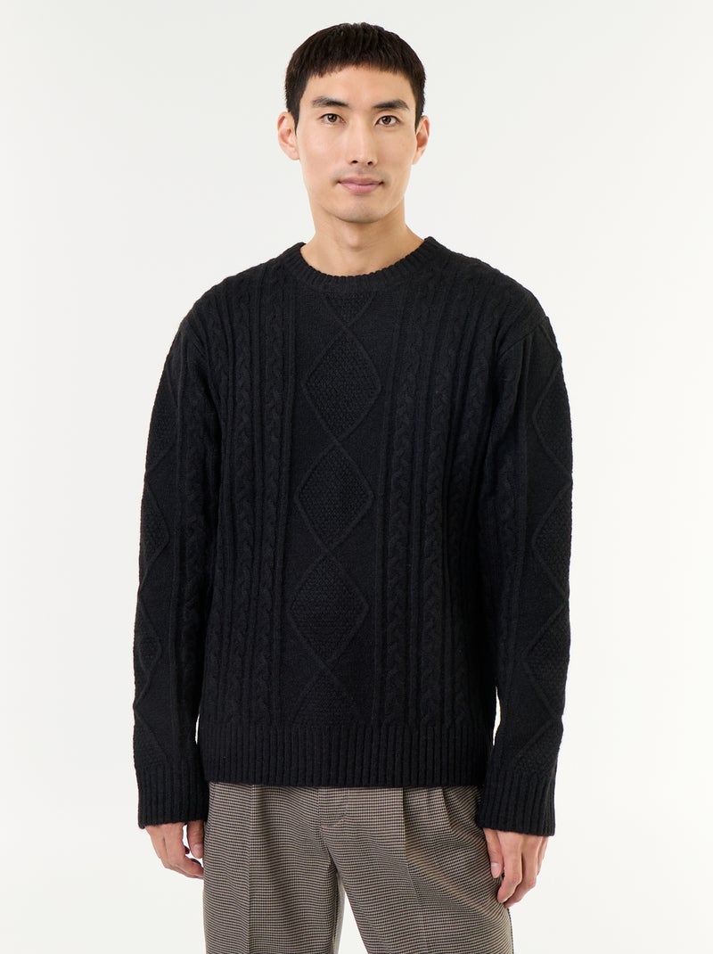 Pull en maille grosse jauge avec torsades Noir - Kiabi