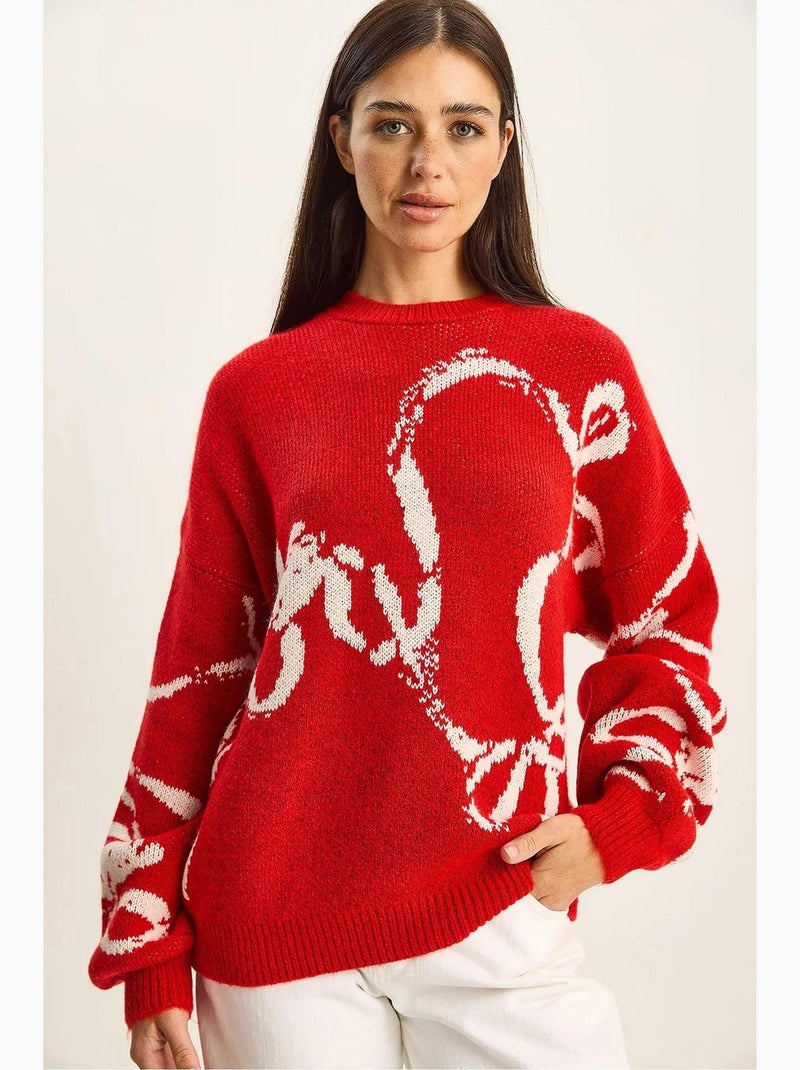 Pull en maille imprimée oversize à col rond lucci Blanc Rouge - Kiabi
