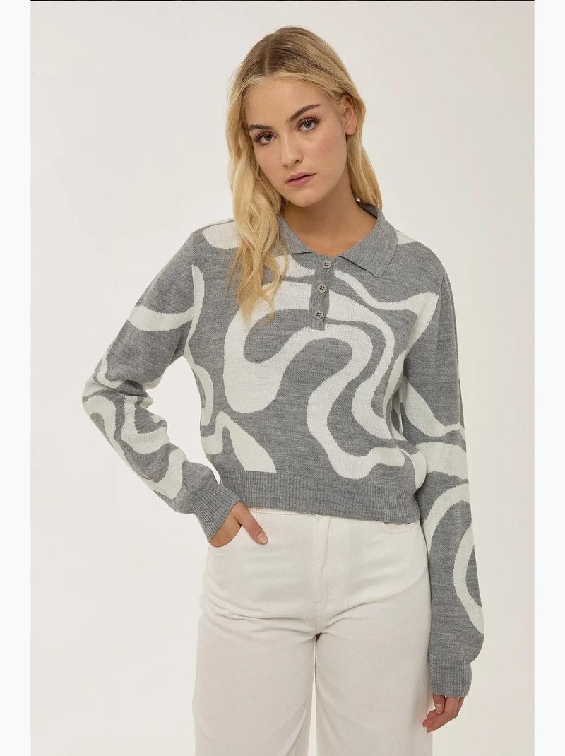 Pull en maille jacquard à col polo hiccup Gris - Kiabi