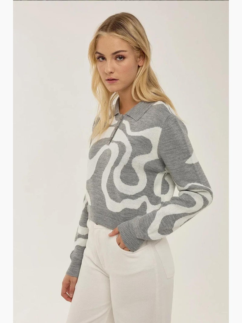 Pull en maille jacquard à col polo hiccup Gris - Kiabi