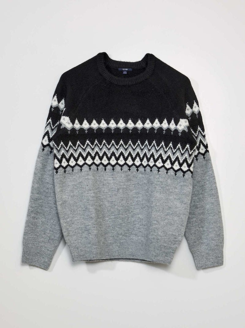Pull en maille jacquard à col rond Gris - Kiabi