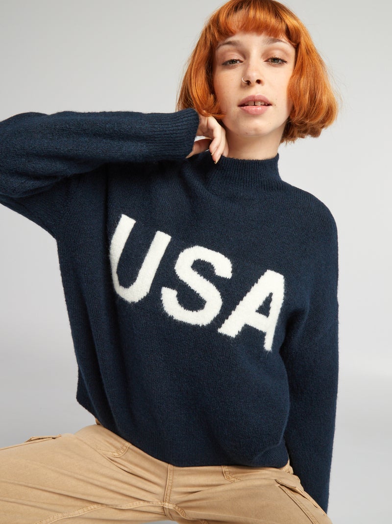 Pull en maille jacquard bleu marine - Kiabi