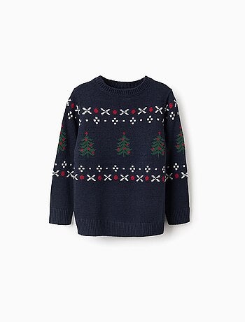 Pull en Maille Jacquard Sapin de Noël, Bleu,