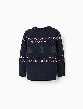 Pull en Maille Jacquard Sapin de Noël, Bleu,