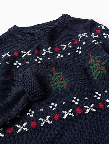Pull en Maille Jacquard Sapin de Noël, Bleu,