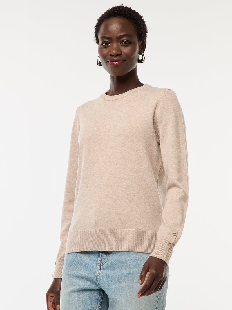 Pull en maille léger col rond Beige - Kiabi