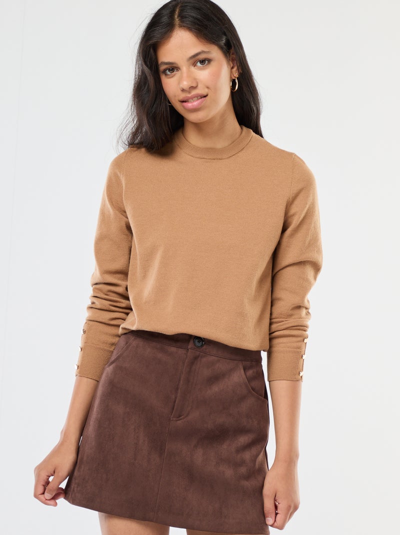 Pull en maille léger col rond Beige - Kiabi