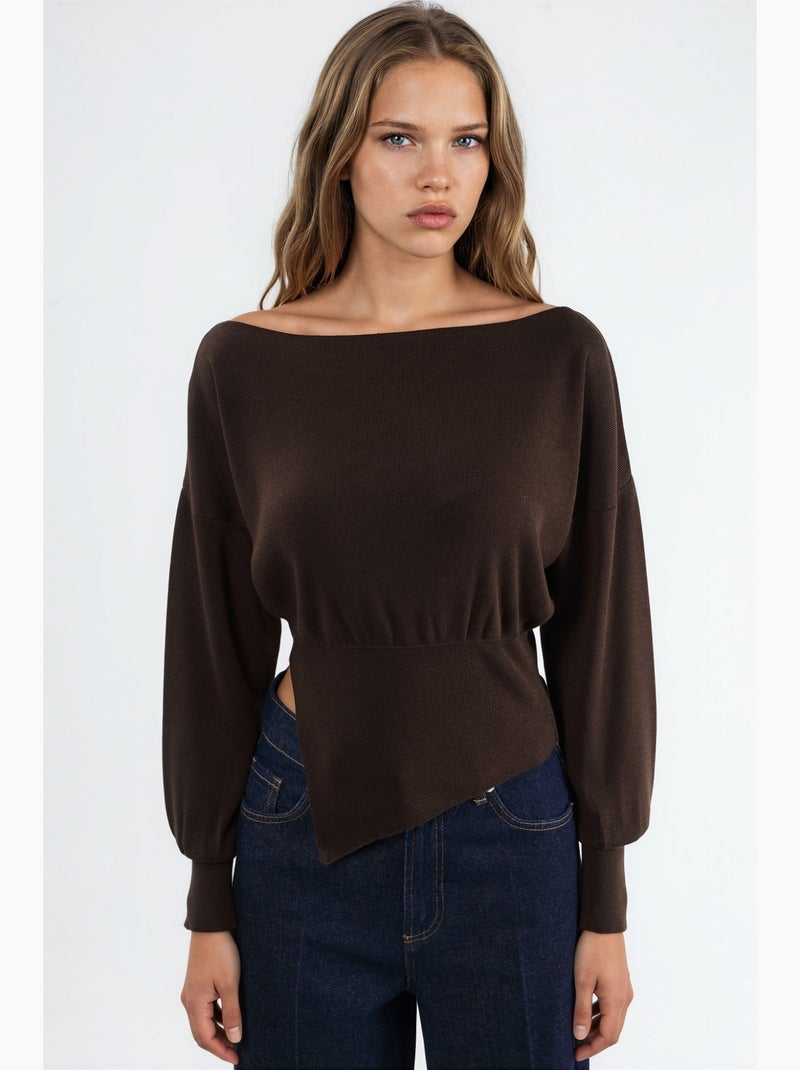 Pull en maille mi-épaisse à col bateau hiccup Marron foncé - Kiabi