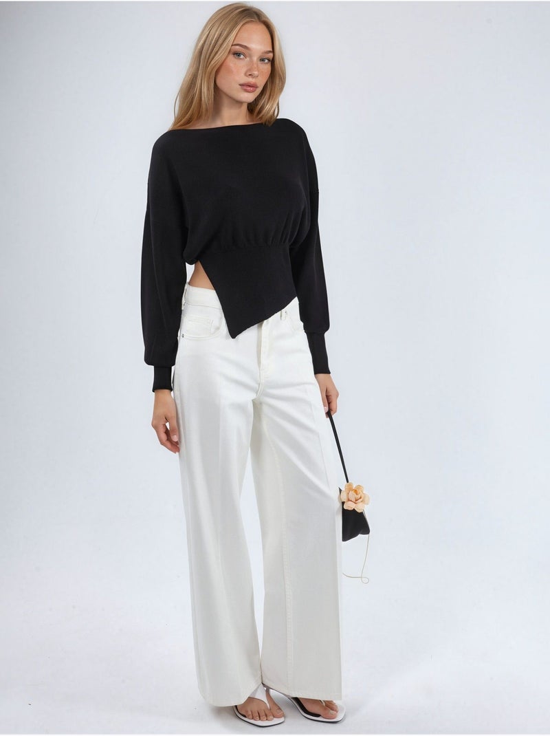 Pull en maille mi-épaisse à col bateau Noir - Kiabi
