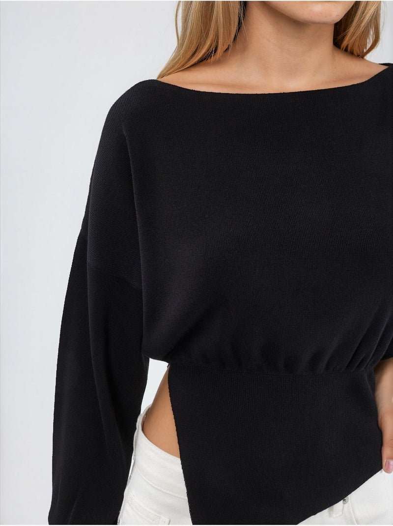 Pull en maille mi-épaisse à col bateau Noir - Kiabi