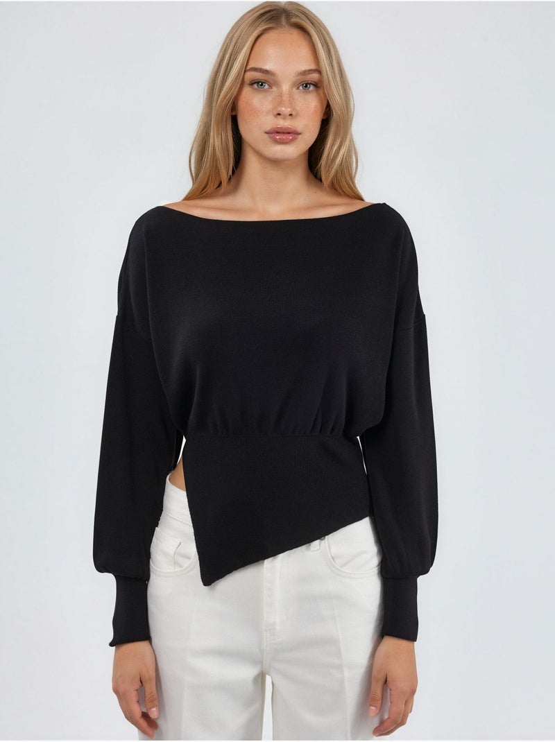 Pull en maille mi-épaisse à col bateau Noir - Kiabi