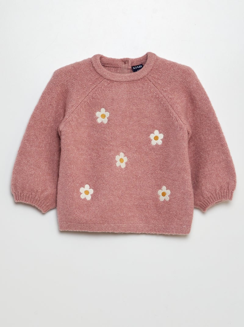 Pull en maille mousseuse avec broderies Rose - Kiabi