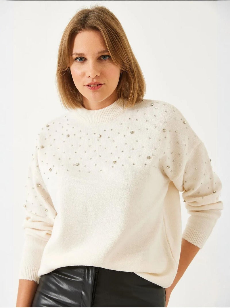 Pull en maille orné de pierres bianco lucci Beige argile - Kiabi