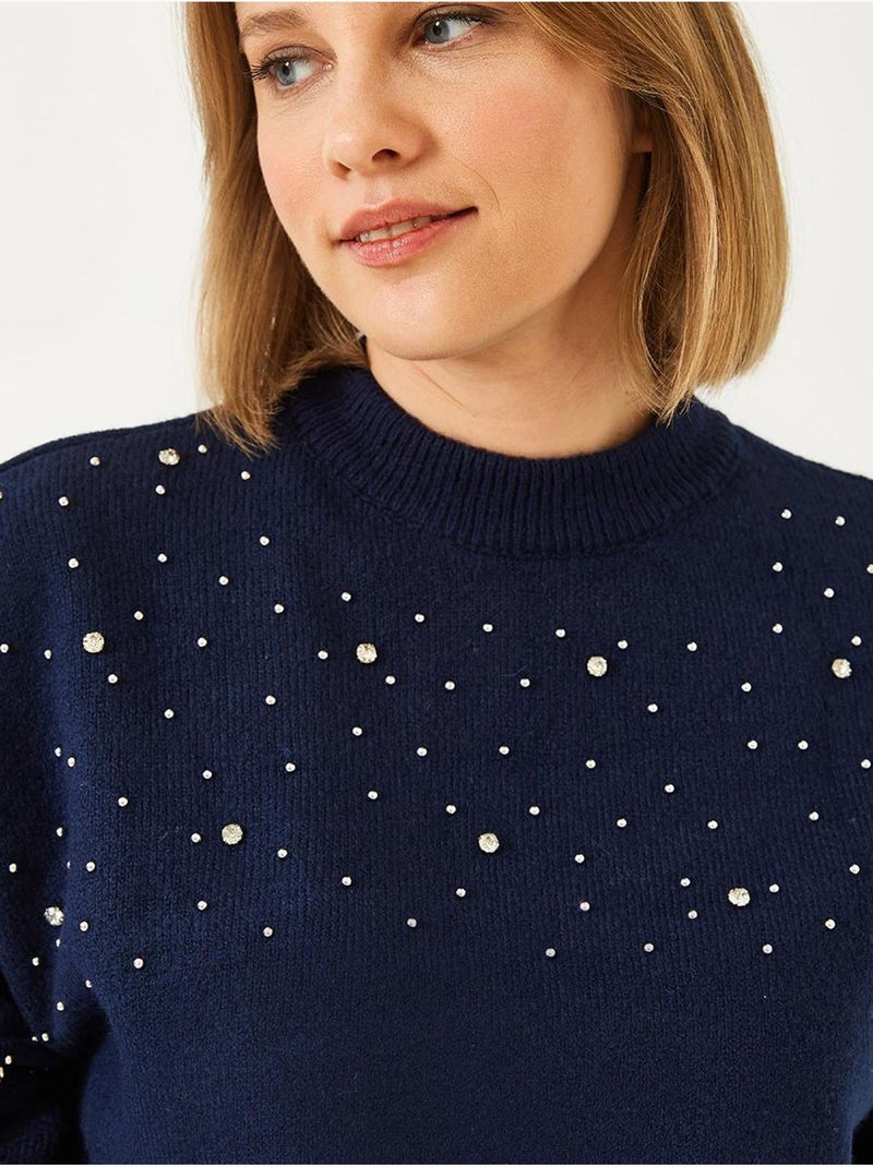 Pull en maille orné de pierres bianco lucci Bleu marine - Kiabi