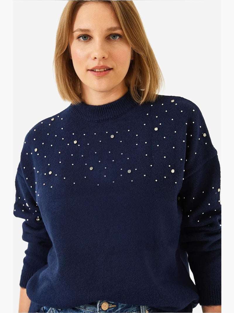 Pull en maille orné de pierres bianco lucci Bleu marine - Kiabi