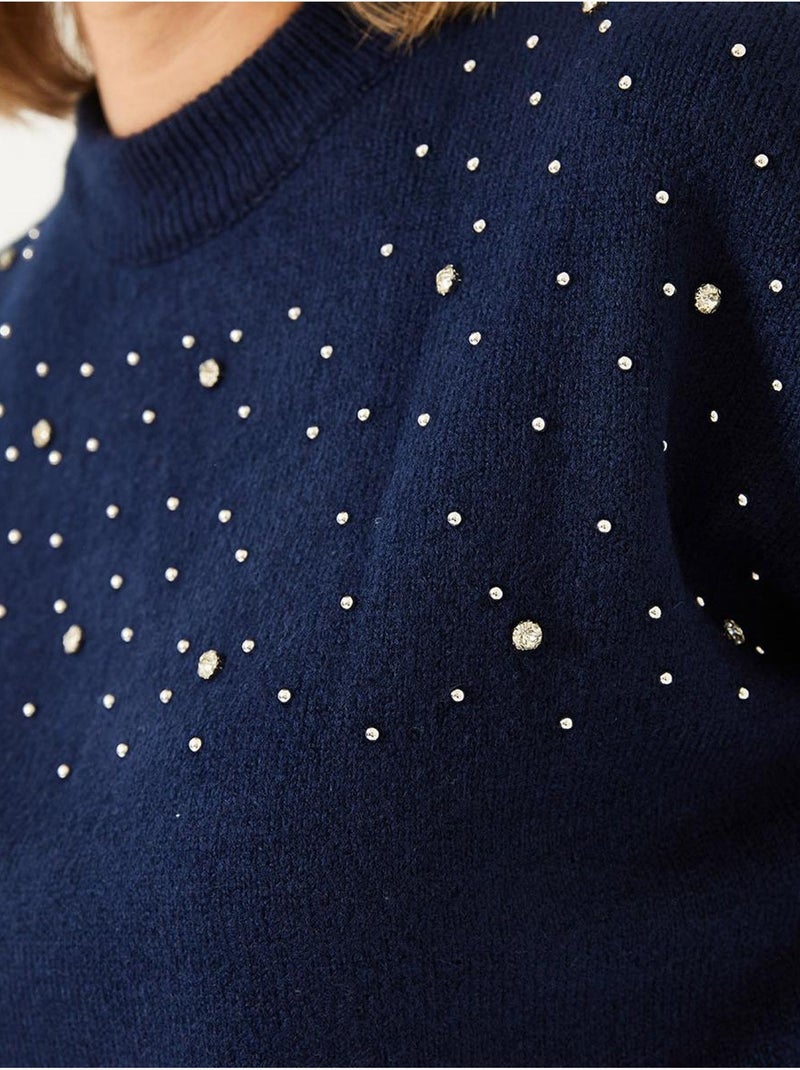 Pull en maille orné de pierres lucci Bleu marine - Kiabi