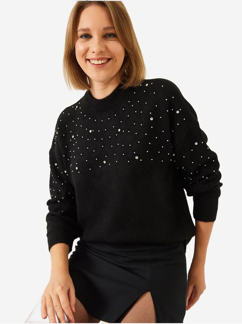Pull en maille orné de pierres lucci Noir - Kiabi