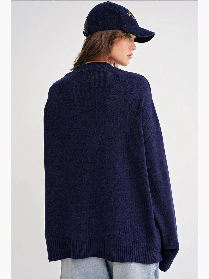 Pull en maille oversize à col ras du cou mixray Bleu marine - Kiabi