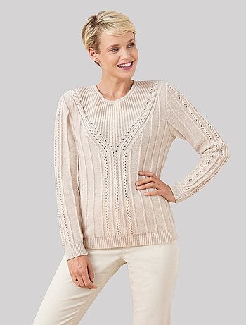 Pull en maille perlée, côtelée et ajourée