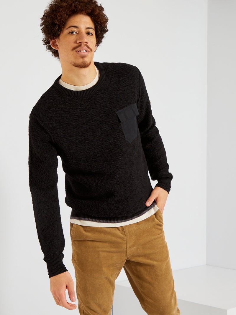 Pull en maille poche poitrine noir - Kiabi