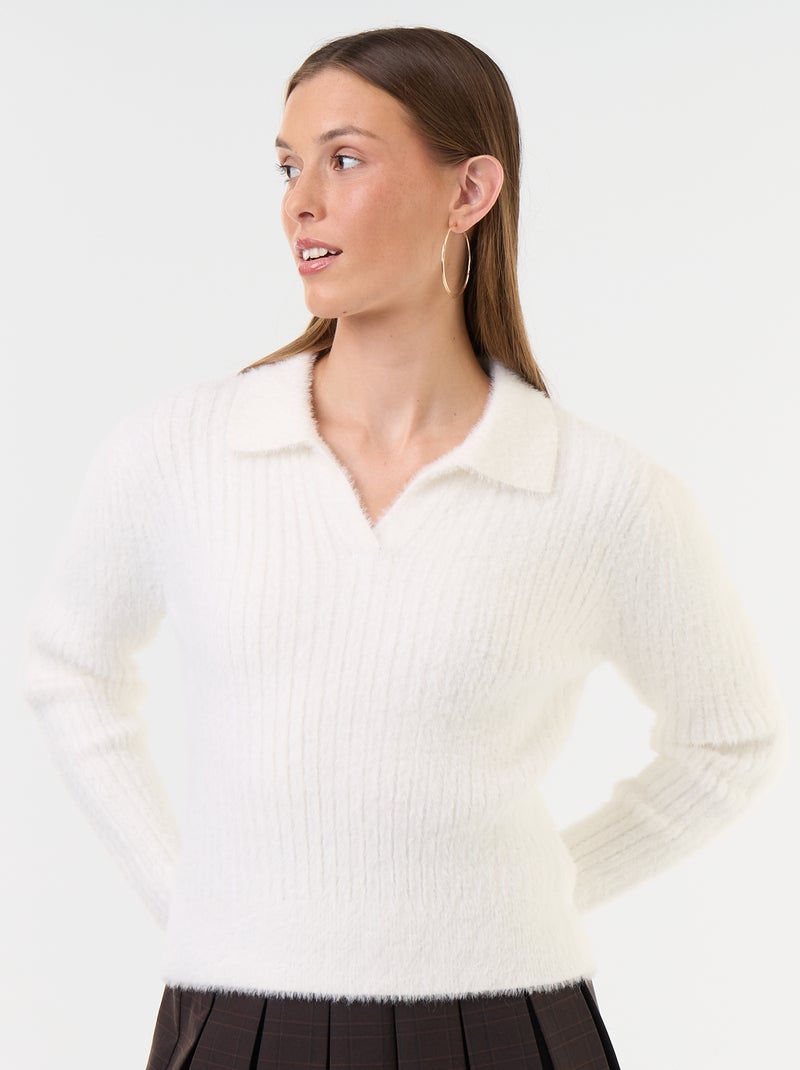 Pull en maille poilue avec col polo Blanc - Kiabi