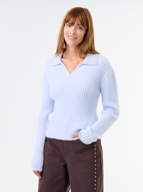 Pull en maille poilue avec col polo - Kiabi