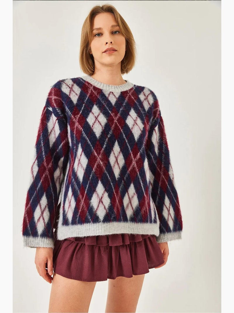 Pull en maille polaire fendue à motif losanges lucci Gris clair - Kiabi