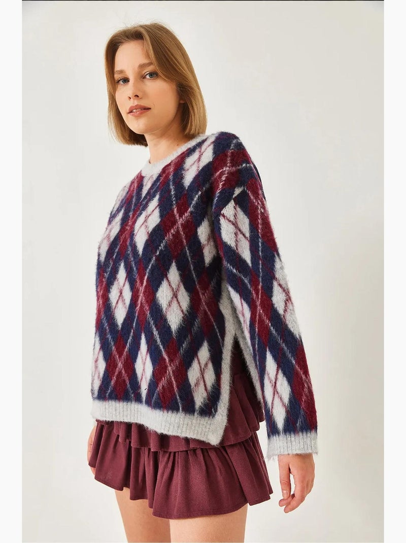 Pull en maille polaire fendue à motif losanges lucci Gris clair - Kiabi
