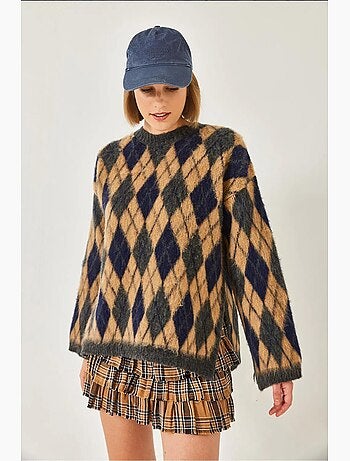 Pull en maille polaire fendue à motif losanges lucci