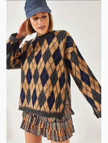 Pull en maille polaire fendue à motif losanges lucci