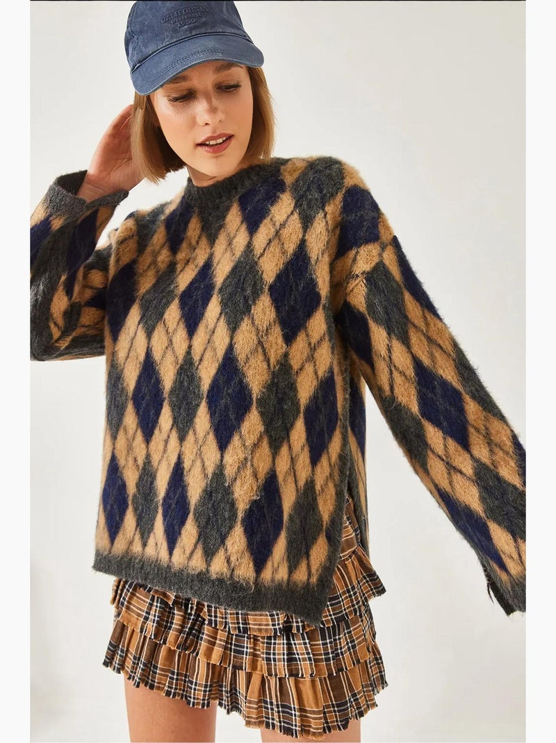Pull en maille polaire fendue à motif losanges lucci Gris foncé - Kiabi