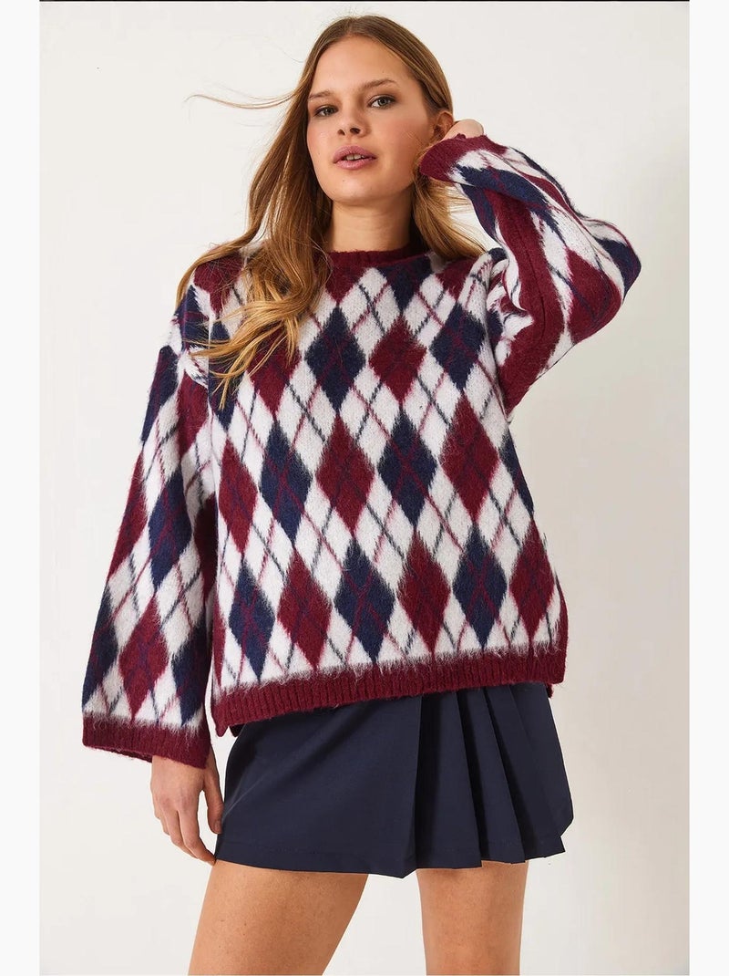 Pull en maille polaire fendue à motif losanges lucci Rouge bordeaux - Kiabi