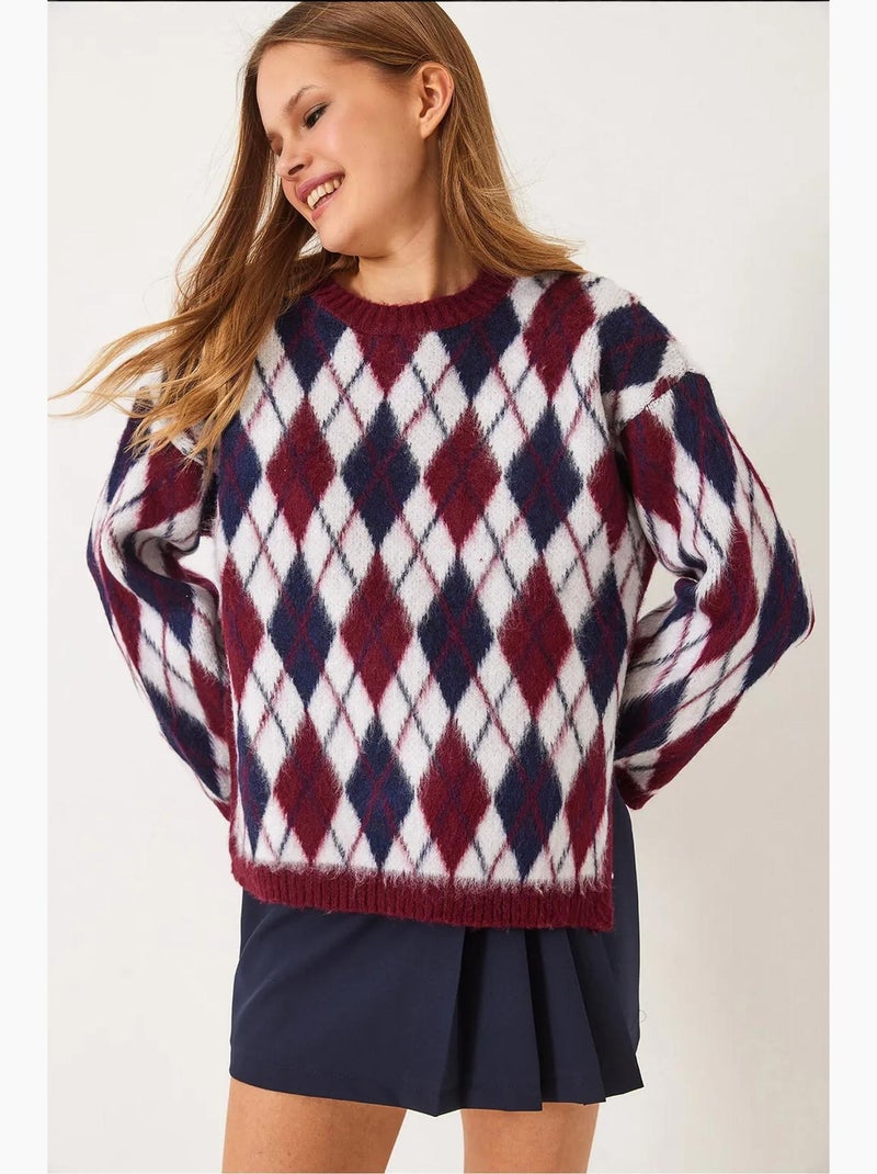 Pull en maille polaire fendue à motif losanges lucci Rouge bordeaux - Kiabi