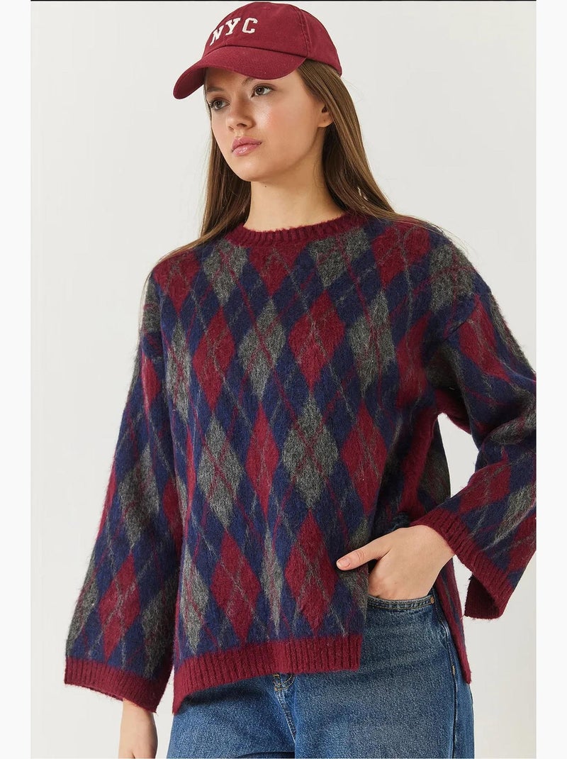 Pull en maille polaire fendue à motif losanges lucci Rouge - Kiabi