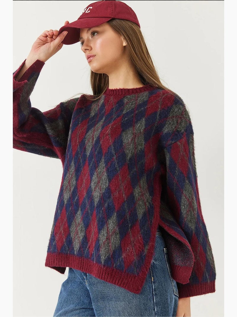 Pull en maille polaire fendue à motif losanges lucci Rouge - Kiabi