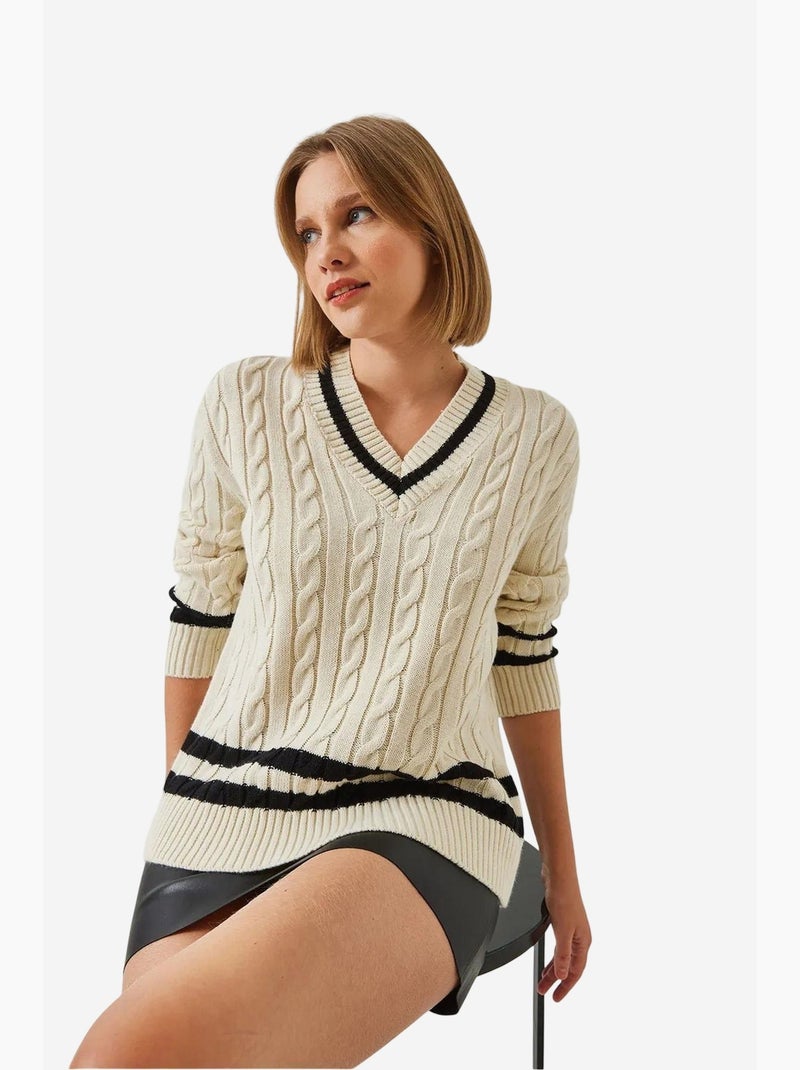 Pull en maille rayé à col en v lucci Beige argile - Kiabi