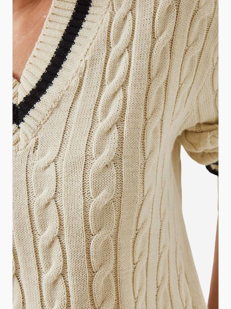 Pull en maille rayé à col en v lucci Beige argile - Kiabi