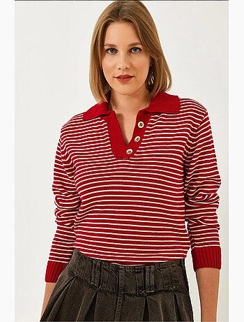 Pull en maille rayé à col polo et boutons lucci