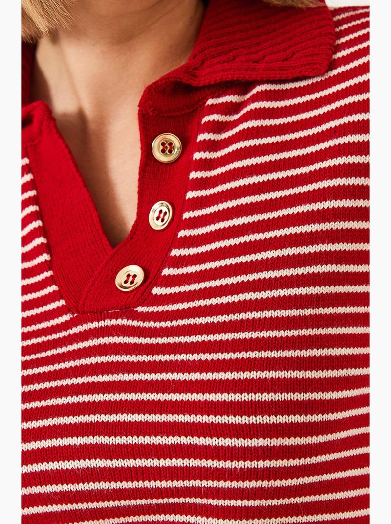 Pull en maille rayé à col polo et boutons lucci Blanc Rouge - Kiabi
