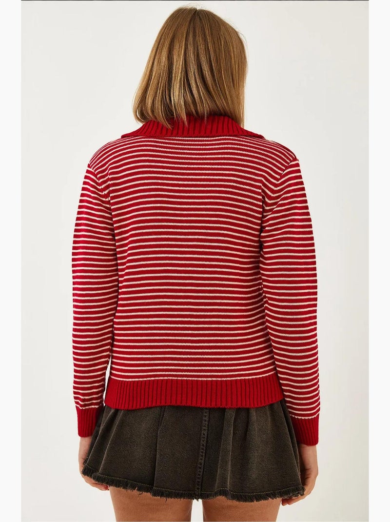 Pull en maille rayé à col polo et boutons lucci Blanc Rouge - Kiabi